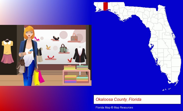 a woman shopping in a clothing store; Okaloosa County, Florida highlighted in red on a map
