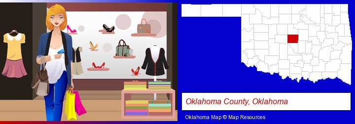 a woman shopping in a clothing store; Oklahoma County, Oklahoma highlighted in red on a map