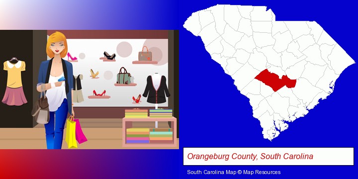 a woman shopping in a clothing store; Orangeburg County, South Carolina highlighted in red on a map