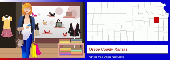 a woman shopping in a clothing store; Osage County, Kansas highlighted in red on a map