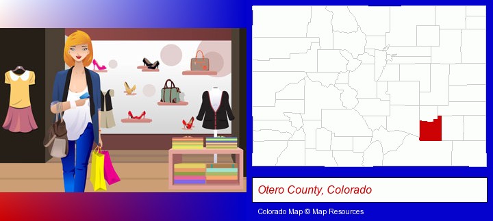 a woman shopping in a clothing store; Otero County, Colorado highlighted in red on a map