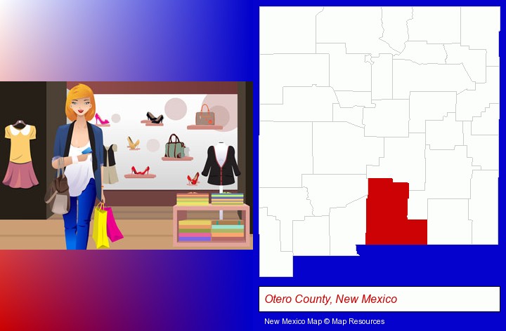a woman shopping in a clothing store; Otero County, New Mexico highlighted in red on a map