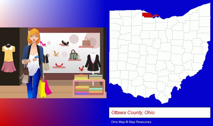 a woman shopping in a clothing store; Ottawa County, Ohio highlighted in red on a map