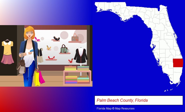 a woman shopping in a clothing store; Palm Beach County, Florida highlighted in red on a map