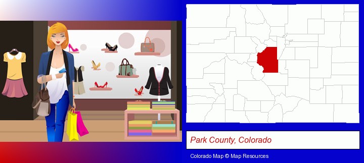 a woman shopping in a clothing store; Park County, Colorado highlighted in red on a map