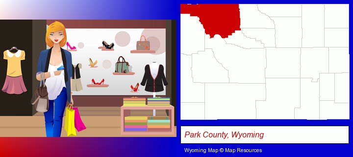 a woman shopping in a clothing store; Park County, Wyoming highlighted in red on a map