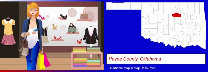 a woman shopping in a clothing store; Payne County, Oklahoma highlighted in red on a map