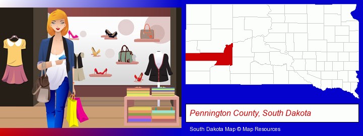 a woman shopping in a clothing store; Pennington County, South Dakota highlighted in red on a map