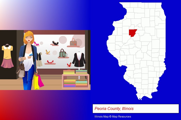 a woman shopping in a clothing store; Peoria County, Illinois highlighted in red on a map