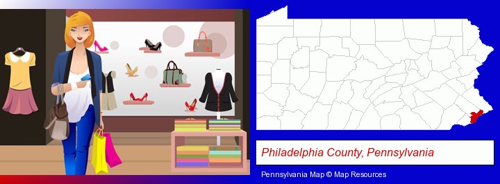 a woman shopping in a clothing store; Philadelphia County, Pennsylvania highlighted in red on a map