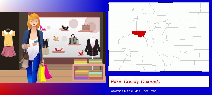 a woman shopping in a clothing store; Pitkin County, Colorado highlighted in red on a map