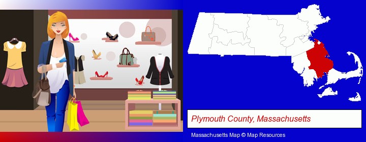 a woman shopping in a clothing store; Plymouth County, Massachusetts highlighted in red on a map