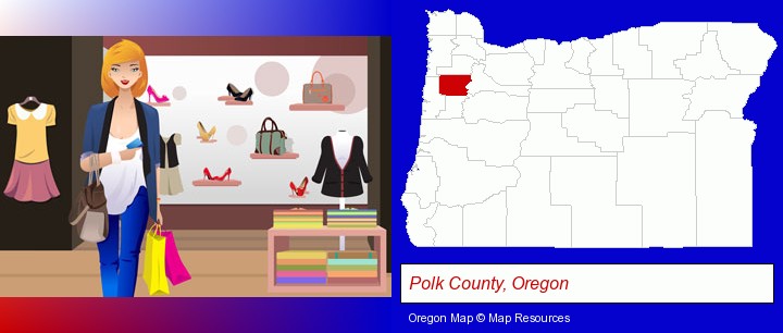 a woman shopping in a clothing store; Polk County, Oregon highlighted in red on a map