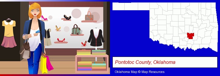 a woman shopping in a clothing store; Pontotoc County, Oklahoma highlighted in red on a map