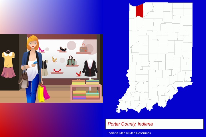 a woman shopping in a clothing store; Porter County, Indiana highlighted in red on a map