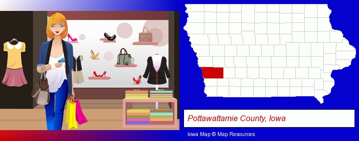 a woman shopping in a clothing store; Pottawattamie County, Iowa highlighted in red on a map