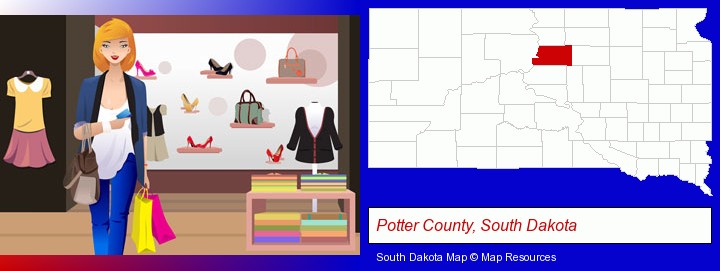a woman shopping in a clothing store; Potter County, South Dakota highlighted in red on a map