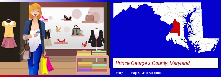 a woman shopping in a clothing store; Prince George's County, Maryland highlighted in red on a map