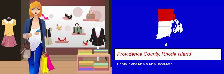 a woman shopping in a clothing store; Providence County, Rhode Island highlighted in red on a map