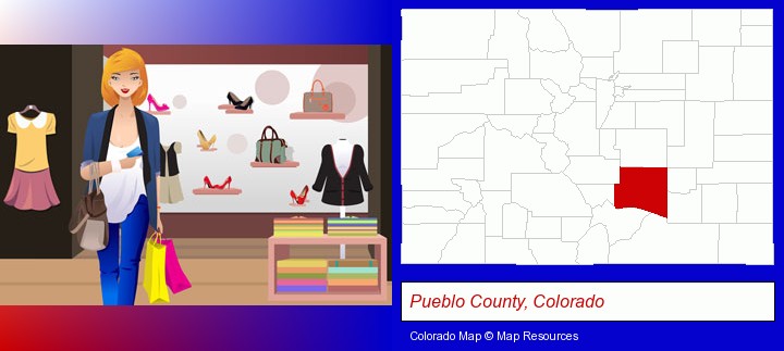 a woman shopping in a clothing store; Pueblo County, Colorado highlighted in red on a map