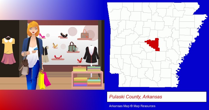 a woman shopping in a clothing store; Pulaski County, Arkansas highlighted in red on a map