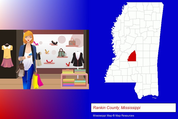 a woman shopping in a clothing store; Rankin County, Mississippi highlighted in red on a map