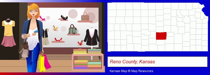 a woman shopping in a clothing store; Reno County, Kansas highlighted in red on a map