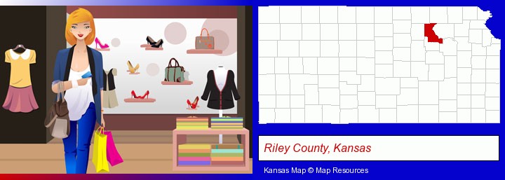 a woman shopping in a clothing store; Riley County, Kansas highlighted in red on a map