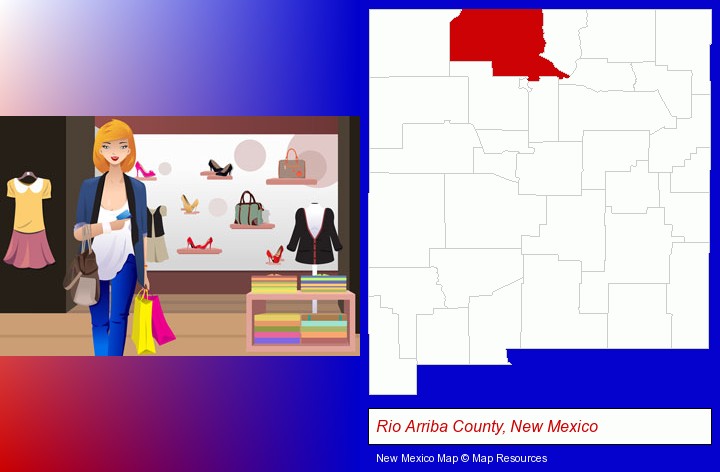 a woman shopping in a clothing store; Rio Arriba County, New Mexico highlighted in red on a map