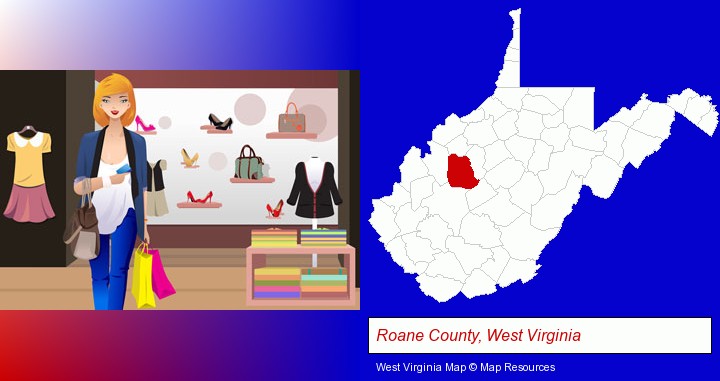 a woman shopping in a clothing store; Roane County, West Virginia highlighted in red on a map
