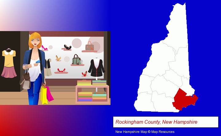 a woman shopping in a clothing store; Rockingham County, New Hampshire highlighted in red on a map