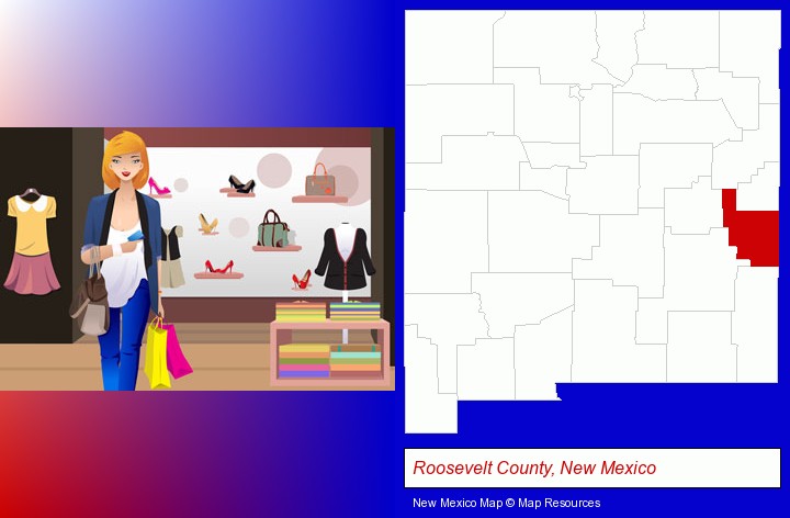 a woman shopping in a clothing store; Roosevelt County, New Mexico highlighted in red on a map