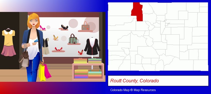 a woman shopping in a clothing store; Routt County, Colorado highlighted in red on a map