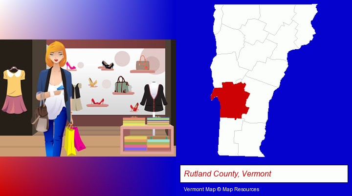a woman shopping in a clothing store; Rutland County, Vermont highlighted in red on a map