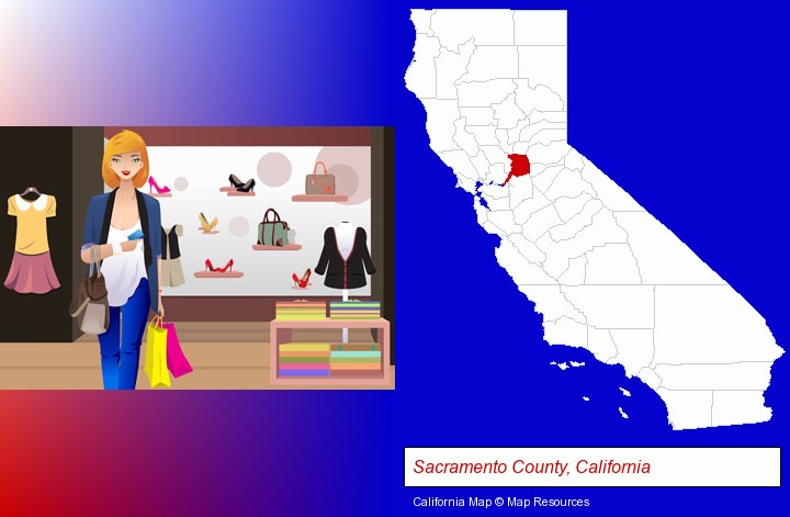 a woman shopping in a clothing store; Sacramento County, California highlighted in red on a map