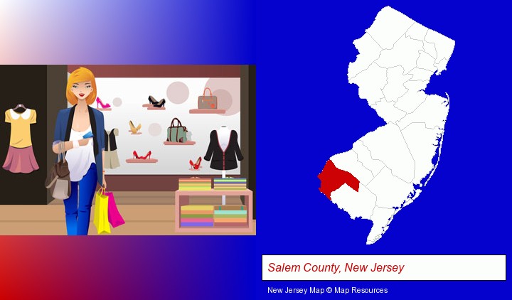 a woman shopping in a clothing store; Salem County, New Jersey highlighted in red on a map
