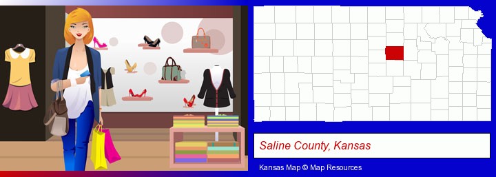 a woman shopping in a clothing store; Saline County, Kansas highlighted in red on a map