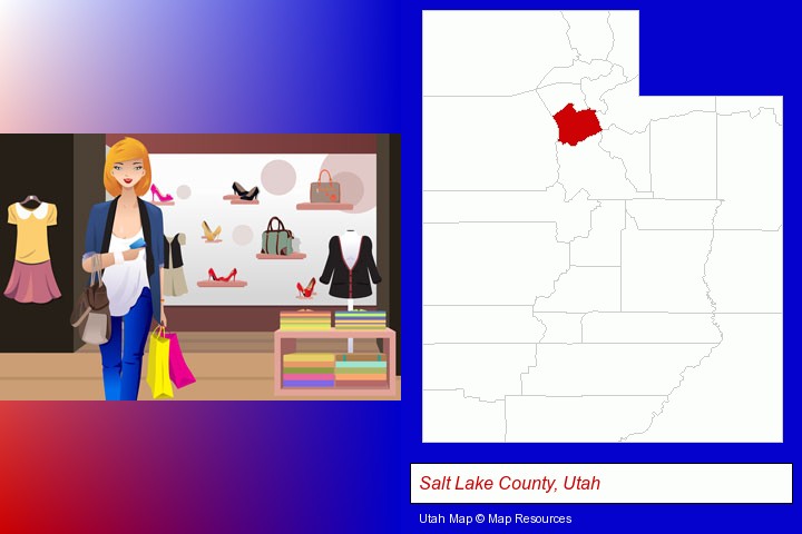 a woman shopping in a clothing store; Salt Lake County, Utah highlighted in red on a map