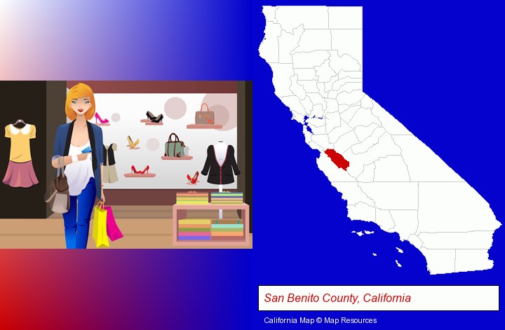 a woman shopping in a clothing store; San Benito County, California highlighted in red on a map