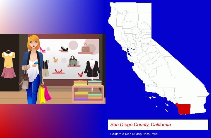 a woman shopping in a clothing store; San Diego County, California highlighted in red on a map