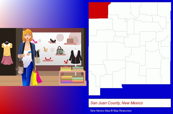 a woman shopping in a clothing store; San Juan County, New Mexico highlighted in red on a map