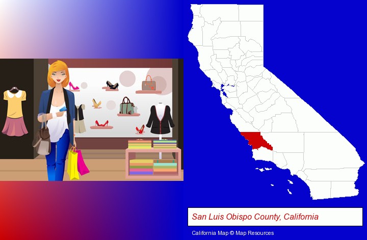 a woman shopping in a clothing store; San Luis Obispo County, California highlighted in red on a map