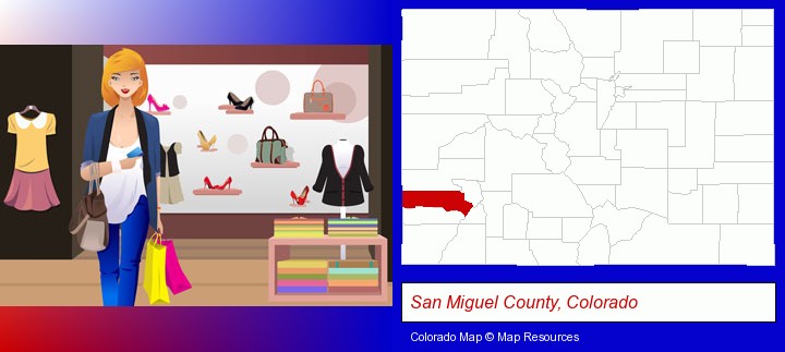 a woman shopping in a clothing store; San Miguel County, Colorado highlighted in red on a map