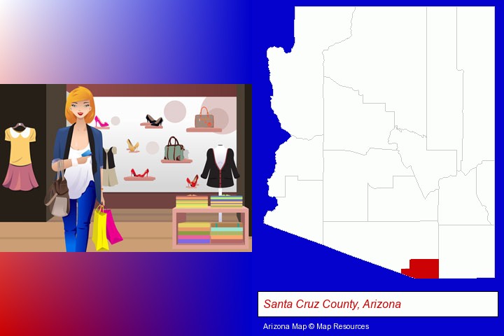 a woman shopping in a clothing store; Santa Cruz County, Arizona highlighted in red on a map