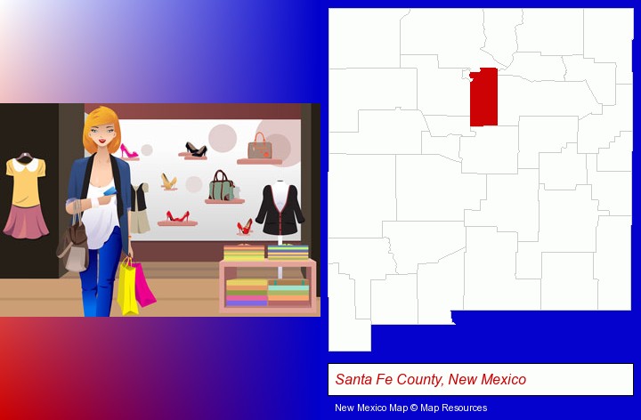 a woman shopping in a clothing store; Santa Fe County, New Mexico highlighted in red on a map
