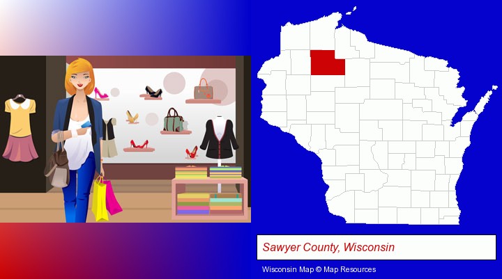 a woman shopping in a clothing store; Sawyer County, Wisconsin highlighted in red on a map