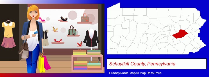 a woman shopping in a clothing store; Schuylkill County, Pennsylvania highlighted in red on a map
