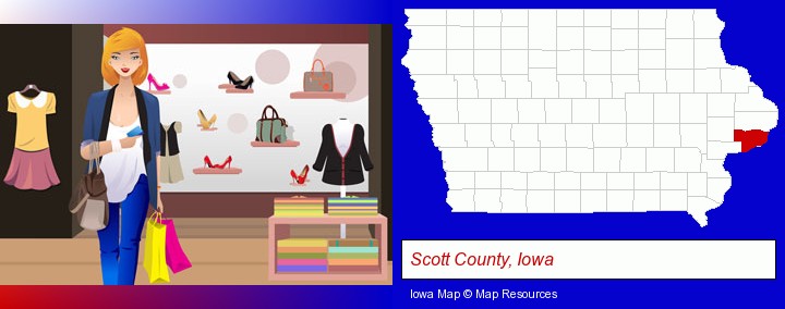 a woman shopping in a clothing store; Scott County, Iowa highlighted in red on a map