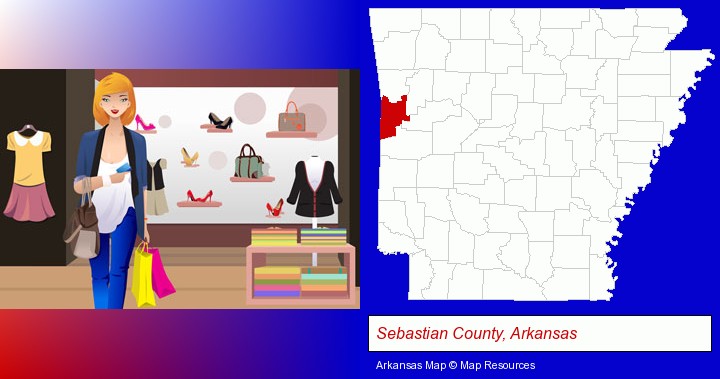 a woman shopping in a clothing store; Sebastian County, Arkansas highlighted in red on a map