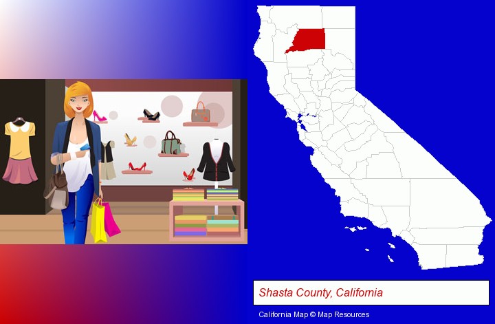 a woman shopping in a clothing store; Shasta County, California highlighted in red on a map